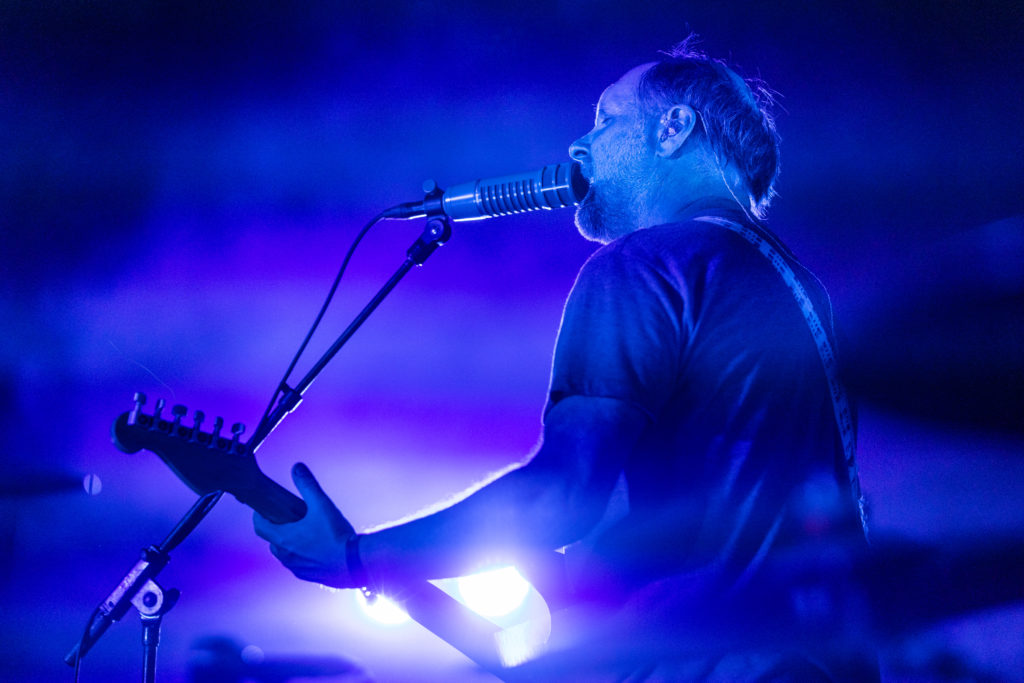 Backlit photo of Built To Spill bandleader Doug Martsch on stage at Pickathon 2022.